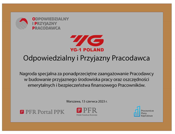 Wyróżnienie dla YG-1 Poland - "Odpowiedzialny i Przyjazny Pracodawca" - YG-1