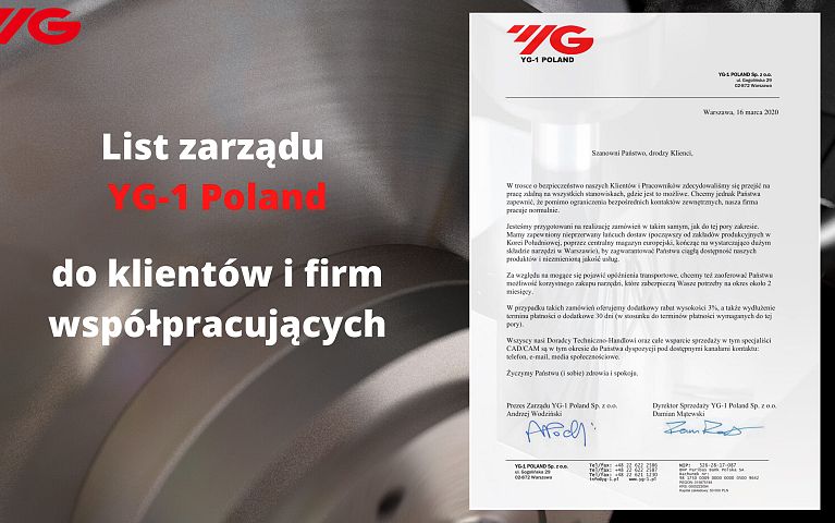 List zarządu YG-1 Poland do naszych klientów i firm współpracujących - YG-1